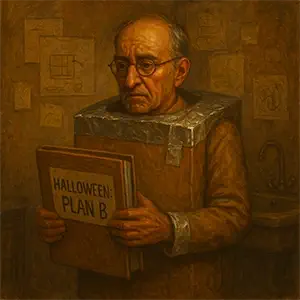 Peralta, disfrazado de tostadora con una caja de cartón