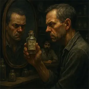 Frente a un espejo sostiene un frasco