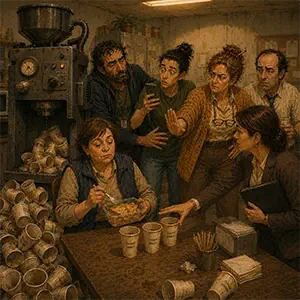 Pilar desayuna tortilla frente a tres vasos de café mientras sus compañeros reaccionan al descontrol de la máquina.