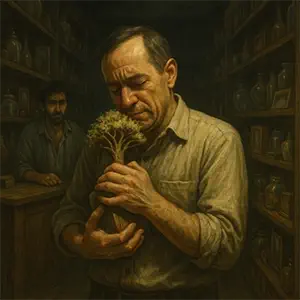 Un hombre abraza un árbol en miniatura al fondo Alfredo detrás del mostrador