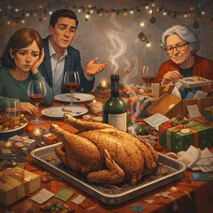 La mesa preparada para la noche buena, con el pavo destratándose