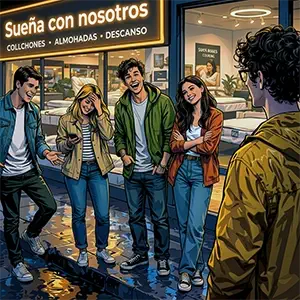 5 amigos en la puerta de una tienda de colchones, don debería haber un restaurante japonés