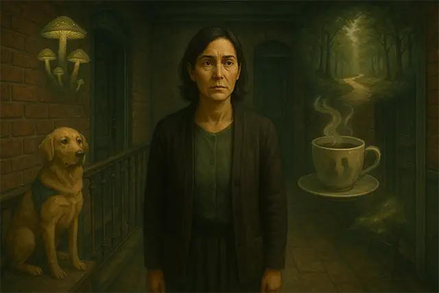 la vecina que soñaba los finales de los demás, en el rellano de un edificio antiguo rodeada de símbolos oníricos