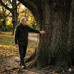 Un hombre de  62 años acariciando el tronco de un árbol y dándole 60 vueltas