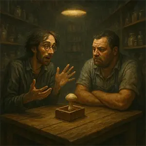 Dos personas hablan de setas sentados en una mesa