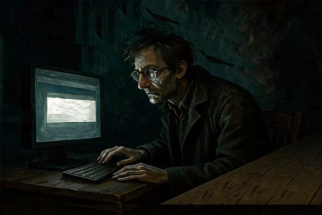 Un hombre frente la pantalla de ordenador en una habitación oscura