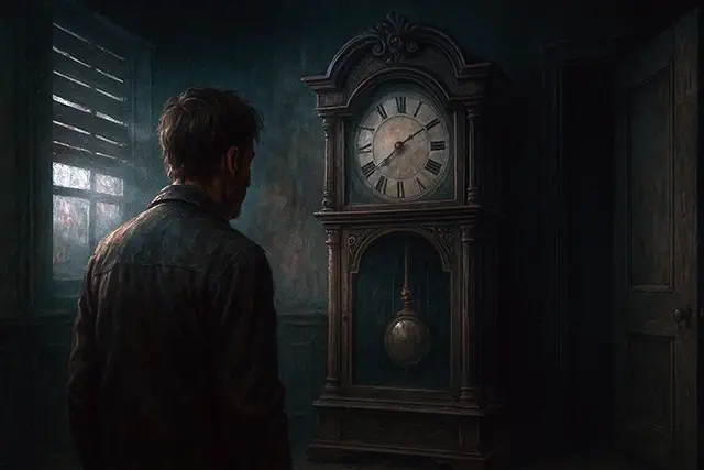Una habitación silenciosa y oscura con un reloj al fondo