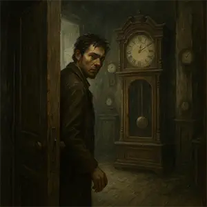 Hombre entrando al cuarto del reloj, rodeado de relojes antiguos detenidos un péndulo central parece vibrar al revés en la penumbra.