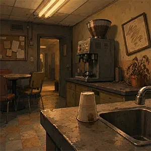 Un vaso vacío queda boca abajo junto al fregadero mientras la máquina de café permanece encendida en una sala de descanso vacía.