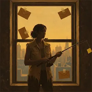 La vecina del 5º con post-its   pegados en una ventana y con una caña de pescar en las manos